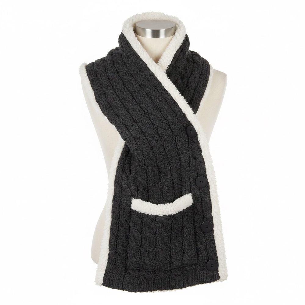 🧣 Snuggie Scarf Charcoal Grey Cable Knit - Sherpa Lined with Pockets & Buttons
